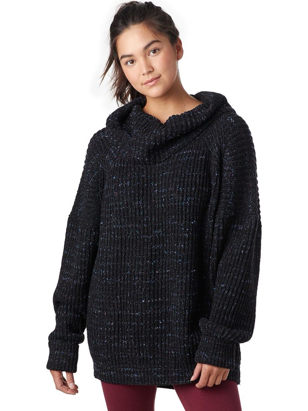 Free People Leo Cowl Neck Chunky Knit Black Blue Tunic Sweater Size Small